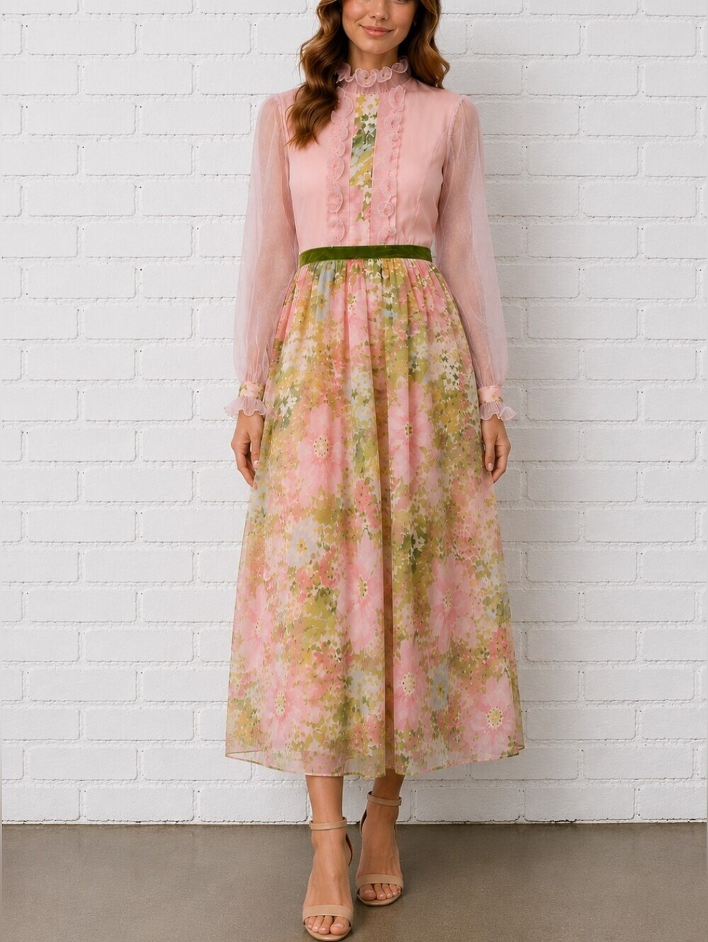 Vintage 60s Sylvia Ann Floral Maxi Dress – Sheer Sleeves & Velvet Trim XS